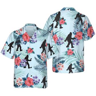 Bigfoot Flower Hawaiian Shirt - Blue Floral And Leaves Hawaiian Shirt - Perfect Gift For Husband, Boyfriend, Friend, Family - Seseable