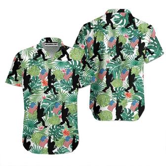 Bigfoot Gibbon American Flag Palm Leaves Pattern Aloha Hawaiian Shirts For Men Women, 4th Of July Gift For Summer, Friend, Family, Independence Day | Favorety