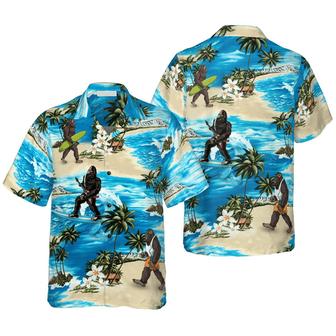 Bigfoot Hawaiian Shirt, Bigfoot AIoha Beach Bigfoot Hawaiian Shirt, Palm Tree And Flower Blue Ocean Bigfoot Surfing Hawaiian Shirt - Perfect Gift For Husband, Boyfriend, Friend, Family - Seseable