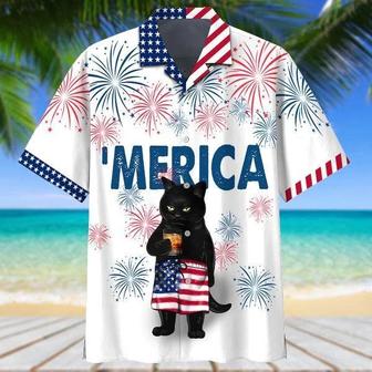 Black Cat Aloha Hawaiian Shirts For Summer, Happy Independence Day Merica Patriotic Hawaiian Shirt For Men Women, Fourth Of July Gift For Cat Lovers - Seseable