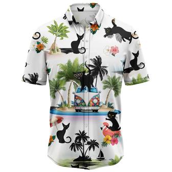 Black Cat Hawaiian Shirt, Black Cat On Summer Beach Palm Tree Aloha Shirt - Perfect Gift For Black Cat Lovers, Husband, Boyfriend, Friend, Family - Seseable