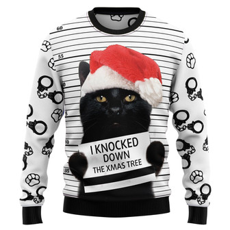 Black Cat Knocked Down Xmas Tree Ugly Christmas Sweater - Thegiftio UK