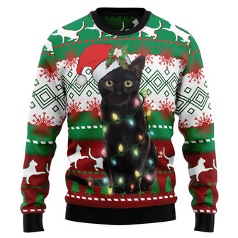 Black Cat Light Ugly Christmas Sweater For Men And Women - Thegiftio UK