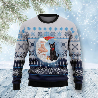 Black Cat Love Santa Moon Ugly Christmas Sweater - Thegiftio UK