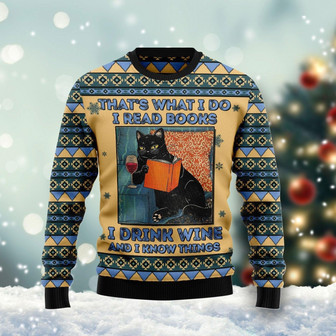 Black Cat Read Books Drink Wine Know Things Funny Ugly Sweater - Thegiftio UK