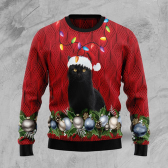 Black Cat Red Hat Christmas Beauty Funny Ugly Christmas Sweater - Thegiftio UK