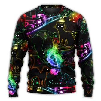 Black Cat The Magical Light Cats On Music Notes Ugly Christmas Sweaters - Thegiftio UK