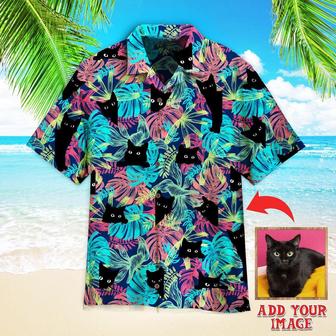 Black Cat Tropical Custom Photo Hawaiian Shirt, Personalized Hawaiian Shirts - Perfect Gift For Cat Lovers, Animal Lovers, Family, Friends - Seseable