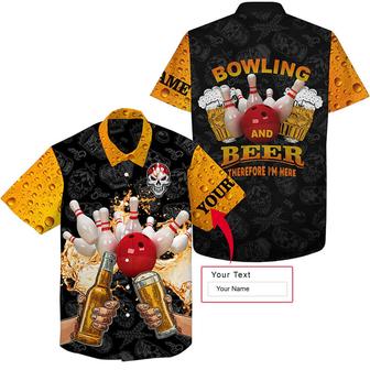 Bowling Beer Hawaiian Shirt Custom Name, Funny Skull Bowling Personalized Hawaiian Shirts For Men Women, Bowling Lovers, Team, Therefore I'm Here - Seseable