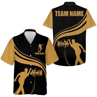 Bowling Custom Name And Team Name Hawaiian Shirt, Black and Gold Bowling Personalized Hawaiian Shirts For Men Women, Bowling Lovers, Bowlers - Seseable