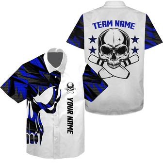 Bowling Custom Name And Team Name Hawaiian Shirt, Blue Camo Skull Bowling Personalized Hawaiian Shirts For Men Women, Team, Bowling Lovers, Bowlers - Seseable