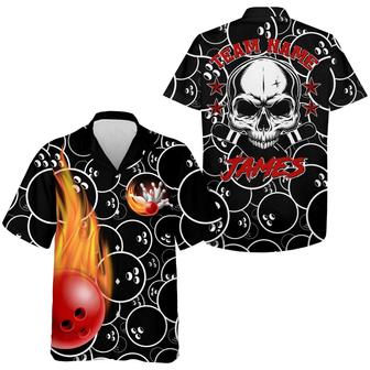 Bowling Custom Name And Team Name Hawaiian Shirt, Flame Skull Bowling Ball Pins Personalized Hawaiian Shirts For Men Women, Bowling Lovers, Bowlers - Seseable