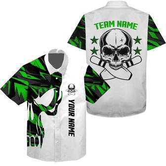 Bowling Custom Name And Team Name Hawaiian Shirt, Green Camo Skull Bowling Personalized Hawaiian Shirts For Men Women, Team, Bowling Lovers, Bowlers - Seseable
