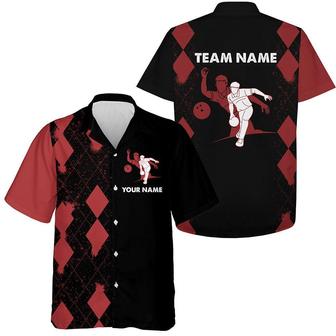 Bowling Custom Name And Team Name Hawaiian Shirt, Red Black Argyle Bowling Personalized Hawaiian Shirts For Men Women, Team, Bowling Lovers, Bowlers - Seseable