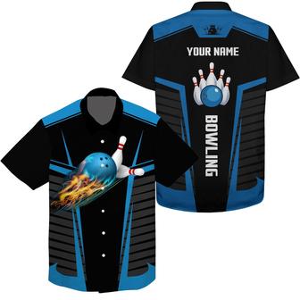 Bowling Custom Name Hawaiian Shirt, Flame Bowling Balls And Pins Black Blue Personalized Hawaiian Shirts For Men Women, Bowling Lovers, Team, Bowlers - Seseable