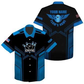 Bowling Hawaiian Shirt Custom Name And Team Name, Blue And Black Bowling Personalized Hawaiian Shirts For Men Women, Team, Bowling Lovers, Bowlers - Seseable