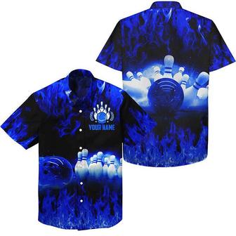 Bowling Hawaiian Shirt Custom Name, Blue Flame Bowling Ball And Pins Personalized Shirt For Men Women, Bowling Lovers, Bowlers - Seseable