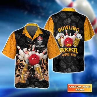 Bowling Hawaiian Shirt Custom Name - Bowling and Beer Therefore I'm Here Personalized Aloha Hawaiian Shirt - Gift For Friend, Family, Bowling Lovers - Seseable