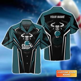 Bowling Hawaiian Shirt Custom Name - Bowling Bull Clean Sweep Turquoise Black Personalized Aloha Hawaiian Shirt - Gift For Friend, Family, Bowling Lovers - Seseable