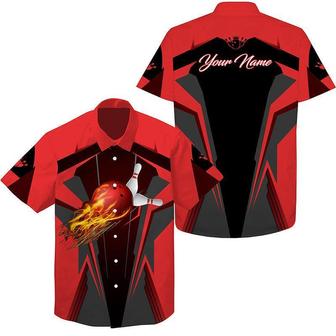Bowling Hawaiian Shirt Custom Name, Flame Bowling Ball and Pins Personalized Hawaiian Shirt For Men Women, Team, Bowling Lovers, Bowlers - Seseable
