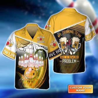 Bowling Hawaiian Shirt Custom Name - My Drinking Team Yellow Bowling Ball Crashing Into Pins Personalized Aloha Hawaiian Shirt - Gift For Friend, Family, Bowling Lovers | Favorety AU