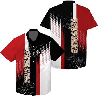 Bowling Hawaiian Shirt Custom Name, Red And Black Plaid Pattern Lightning Personalized Hawaiian Shirt For Men Women, Team, Bowling Lovers, Bowlers - Seseable