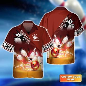 Bowling Hawaiian Shirt Custom Name - Red Bowling Ball Crashing into the Pins Personalized Aloha Hawaiian Shirt - Gift For Friend, Family, Bowling Lovers | Favorety AU