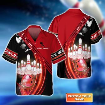 Bowling Hawaiian Shirt Custom Name - Red Bowling Ball in Motion and the Pins Personalized Aloha Hawaiian Shirt - Gift For Friend, Family, Bowling Lovers - Seseable