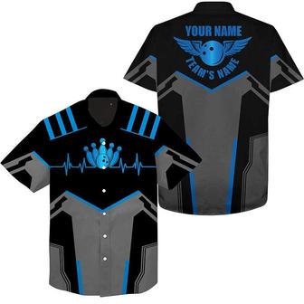 Bowling Hawaiian Shirt Custom Name Team Name, Blue Bowling Ball and Pins Personalized Hawaiian Shirt For Men Women, Team, Bowling Lovers, Bowlers - Seseable