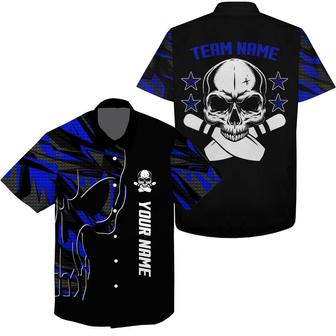 Bowling Hawaiian Shirt Custom Name Team Name, Bowling Blue Skull Personalized Hawaiian Shirt For Men Women, Team, Bowling Lovers, Bowlers - Seseable
