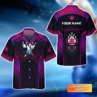 Bowling Hawaiian Shirt Custom Name - The Blue Bowling Ball Crashing The Pins Purple Personalized Aloha Hawaiian Shirt - Gift For Friend, Family, Bowling Lovers | Favorety UK