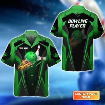 Bowling Hawaiian Shirt Custom Name - The Green Bowling Ball in Flames Breaks White Skittles Personalized Aloha Hawaiian Shirt - Gift For Friend, Family, Bowling Lovers | Favorety AU