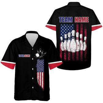 Bowling Hawaiian Shirt Custom Team Name And Name, American Flag Bowling Personalized Shirt For Men Women, Bowling Lovers, Bowlers - Seseable