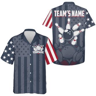 Bowling Hawaiian Shirt Custom Team Name And Name, American Flag Bowling Personalized Shirt For Men Women, Team, Bowling Lovers, Bowlers - Seseable