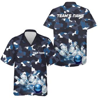 Bowling Hawaiian Shirt Custom Team Name, Blue Camo Bowling Personalized Shirt For Men Women, Team, Bowling Lovers, Short Sleeve Bowlers Jersey - Seseable