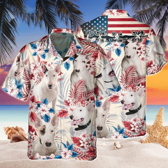 Bull Terrier Aloha Hawaiian Shirts For Summer, Dog Tropical Independence Day USA Flag Hawaiian Shirt For Men Women, 4th of July Gift For Dog Lovers - Seseable