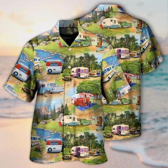 Camping Hawaiian Shirt, Camping Caravan, Camping Vintage Happy Life Aloha Shirt For Men And Women - Perfect Gift For Camping Lovers - Seseable