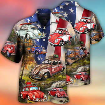 Camping Hawaiian Shirt, Camping Ladybug Car, Camping Independence Day American Flag Aloha Shirt For Men And Women - Perfect Gift For Camping Lovers - Seseable