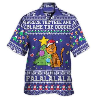 Cat Aloha Hawaiian Shirt For Summer, Cat Christmas Ugly Pattern Blue, Cat Wreck The Tree And Blame The Doggies Hawaiian Shirts Outfit For Men Women, Cat Lovers - Seseable