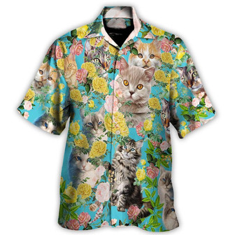 Cat Aloha Hawaiian Shirt For Summer, Cat With Flowers Aloha Shirts, Best Colorful Cat Hawaiian Shirts Outfit For Men Women, Friend, Team, Cat Lovers - Seseable