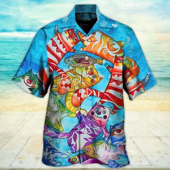 Cat And Fish Hawaiian Shirt For Summer, Best Colorful Cool Cat Hawaiian Shirts Outfit For Men Women, Friend, Team, Cat Lovers - Seseable