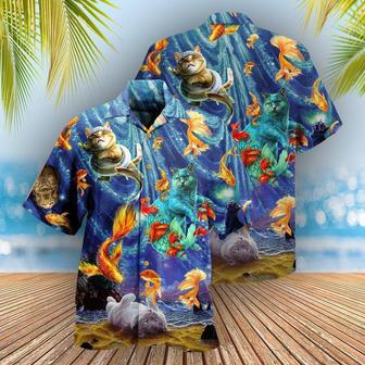 Cat And Fish Hawaiian Shirts, Cat Playing With Big Fish Aloha Shirt, Best Cat Hawaiian Shirts - Best Gift For Men Women, Friend, Team, Cat Lovers - Seseable