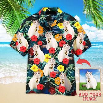 Cat Hawaiian Shirt Custom Photo, Funny White Cat Sitting Beside Tropical Floral Personalized Hawaiian Shirt - Gift For Cat Lovers, Family, Friends | Seseable CA