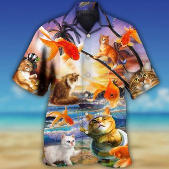 Cat Hawaiian Shirt For Summer, Cat Catches Fish Style, Best Colorful Cool Cat Hawaiian Shirts Outfit For Men Women, Friend, Team, Cat Lover - Seseable