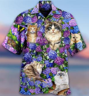 Cat Hawaiian Shirt For Summer, Cat In Hydrangea Garden Aloha Shirts - Best Cool Cat Hawaiian Shirts Outfit For Men Women, Friend, Team, Cat Lovers - Seseable