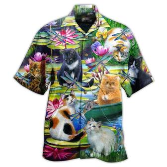 Cat Hawaiian Shirt For Summer, Cat In Lily Lake, Best Colorful Cool Cat Hawaiian Shirts Outfit For Men Women, Friend, Team, Cat Lover - Seseable