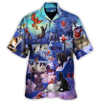 Cat Hawaiian Shirt For Summer, Cat Watching Cardinal Birds Hawaiian Shirts Outfit For Men Women, Friend, Cat Lovers - Seseable