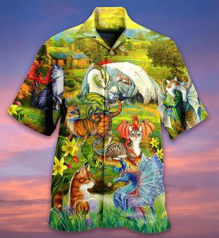 Cat Hawaiian Shirt For Summer, Dragons And Cats Love Life Beautiful Nature Hawaiian Shirts Outfit For Men Women, Dragon Cat Lovers - Seseable