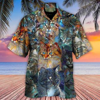 Cat Hawaiian Shirts For Summer, Cat Glass Art Colorful Aloha Shirts, Best Cool Cat Hawaiian Shirts Outfit For Men Women, Friend, Team, Cat Lovers - Seseable