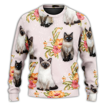 Cat Tropical Floral Siamese Cat Ugly Christmas Sweaters - Thegiftio
